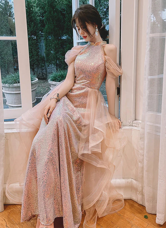 A-line Sequins and Tulle Pink Long Prom Dress