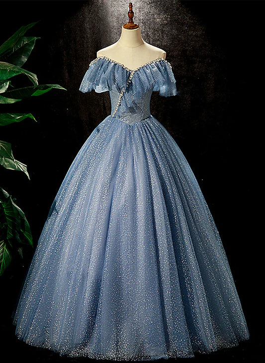 Shiny Blue Off Shoulder Beaded Long Party Prom Dress