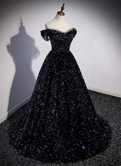 Black Sequins Off Shoulder Beaded Party Prom Dress