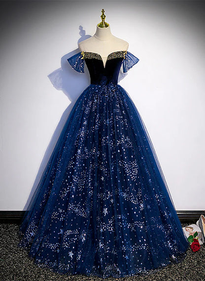 Navy Blue Tulle Off Shoulder Beaded Long Party Prom Dress