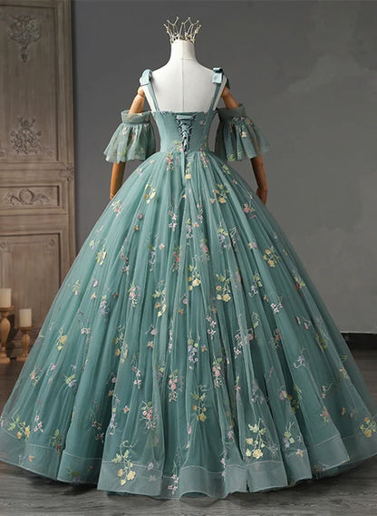 Green Floral Off Shoulder Scoop Long Formal Dress