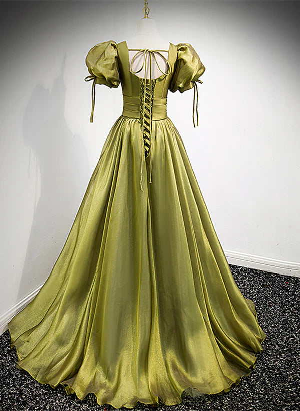 Light Green Short Sleeves Long A-line Prom Dress