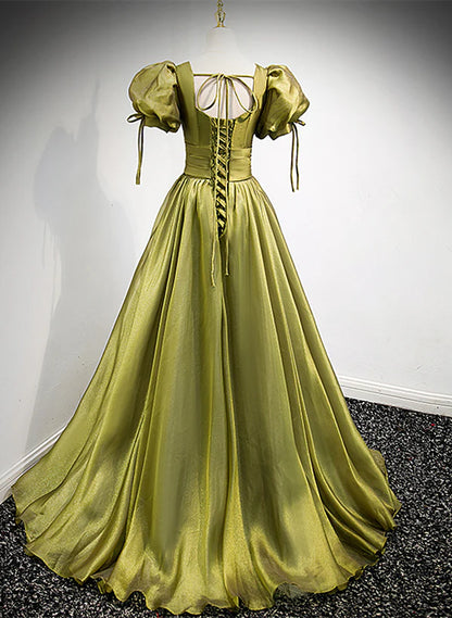 Light Green Short Sleeves Long A-line Prom Dress