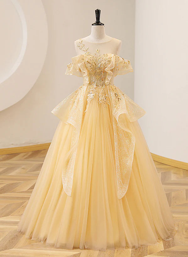 Light Yellow Tulle with Beadings and Lace Party Prom Dress