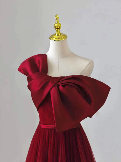 Wine Red Satin and Tulle A-line Simple Prom Dress