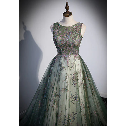 Green Tulle Round Neckline Long Party Lace Prom Dress