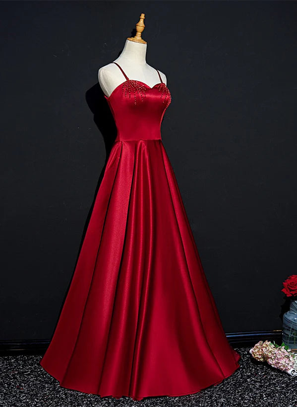 Wine Red Satin Beaded Sweetheart Party Prom Dress