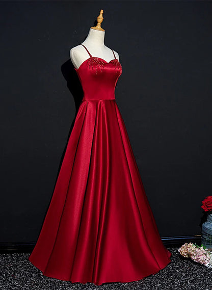 Wine Red Satin Beaded Sweetheart Party Prom Dress