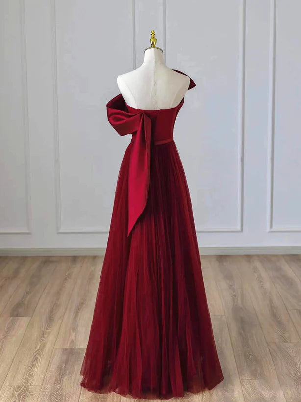 Wine Red Satin and Tulle A-line Simple Prom Dress