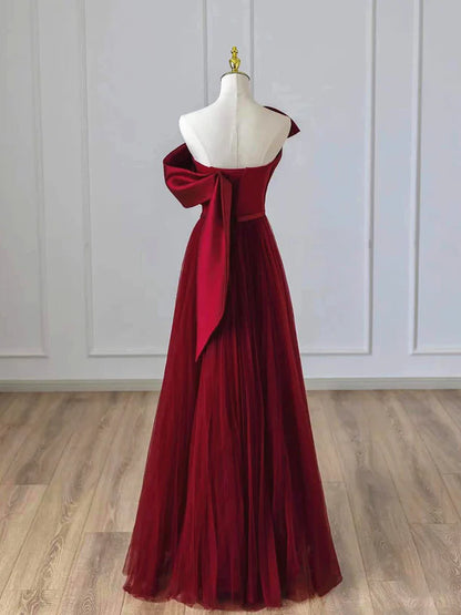 Wine Red Satin and Tulle A-line Simple Prom Dress