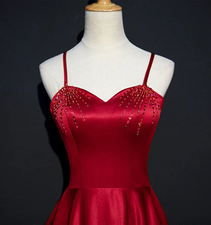 Wine Red Satin Beaded Sweetheart Party Prom Dress