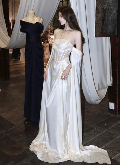 White Satin A-line Long Scoop Long Prom Evening Dress