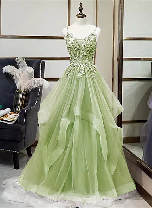 V-neckline Tulle with Lace Applique Prom Dress