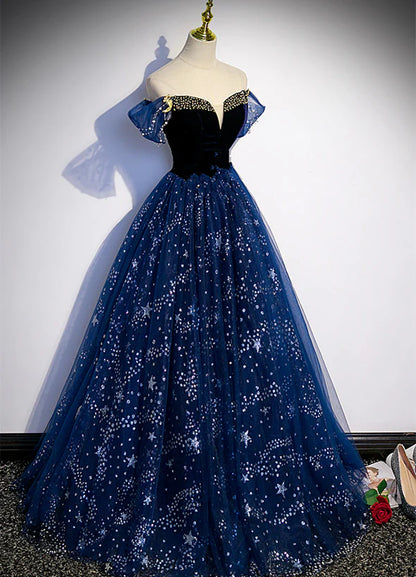 Navy Blue Tulle Off Shoulder Beaded Long Party Prom Dress