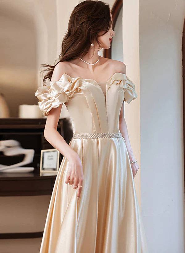 A-line Beaded Evening Dress Champagne Satin Long Off Shoulder Prom Dress