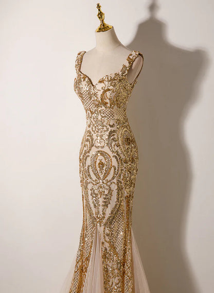 Champagne Mermaid Straps Long Evening Prom Dress