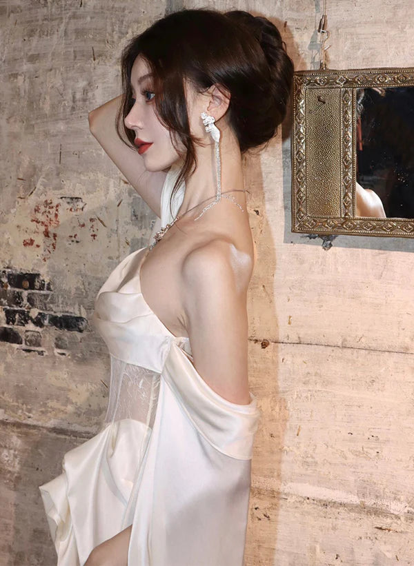 White Satin A-line Long Scoop Long Prom Evening Dress