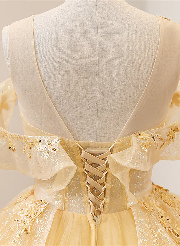 Light Yellow Tulle with Beadings and Lace Party Prom Dress