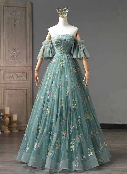 Green Floral Off Shoulder Scoop Long Formal Dress