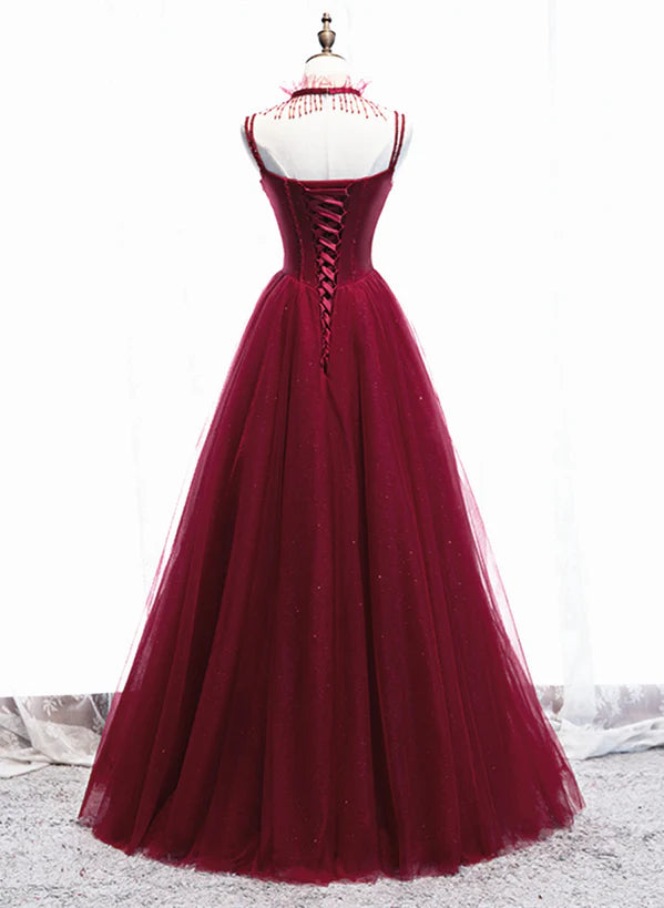 Wine Red Beaded Straps Party Dress Prom Dress
