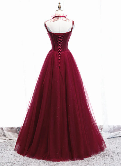 Wine Red Beaded Straps Party Dress Prom Dress