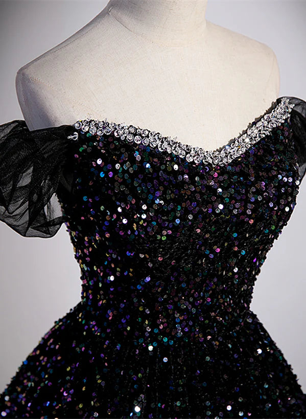 Black Sequins Off Shoulder Beaded Party Prom Dress