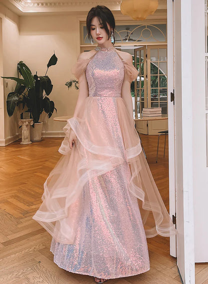 A-line Sequins and Tulle Pink Long Prom Dress