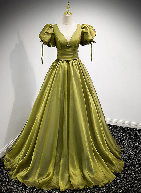 Light Green Short Sleeves Long A-line Prom Dress