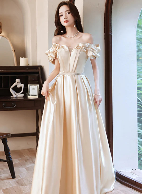 A-line Beaded Evening Dress Champagne Satin Long Off Shoulder Prom Dress
