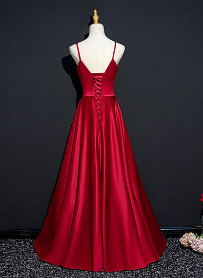 Wine Red Satin Beaded Sweetheart Party Prom Dress