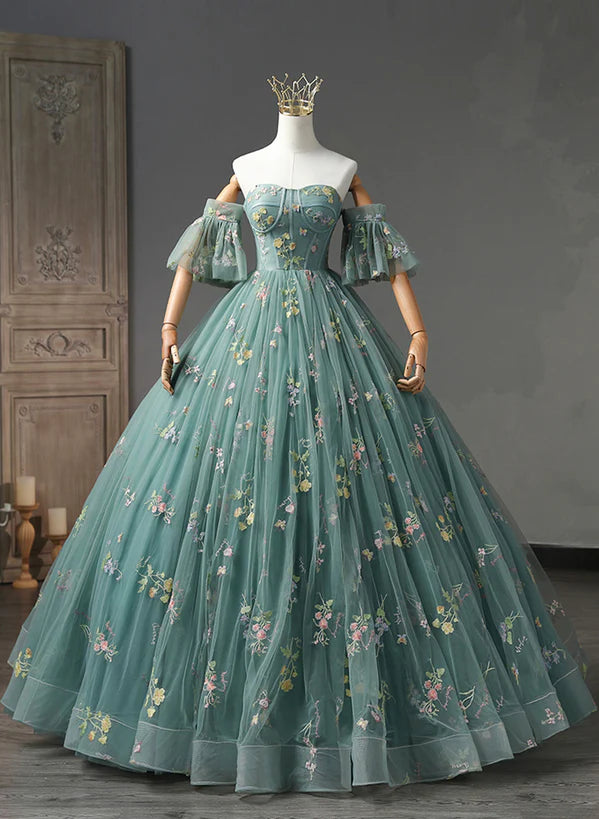 Green Floral Off Shoulder Scoop Long Formal Dress