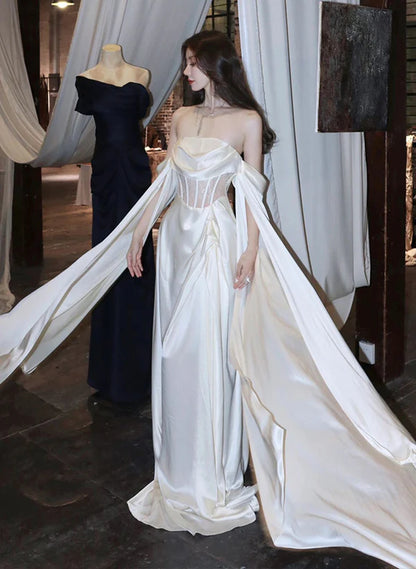 White Satin A-line Long Scoop Long Prom Evening Dress