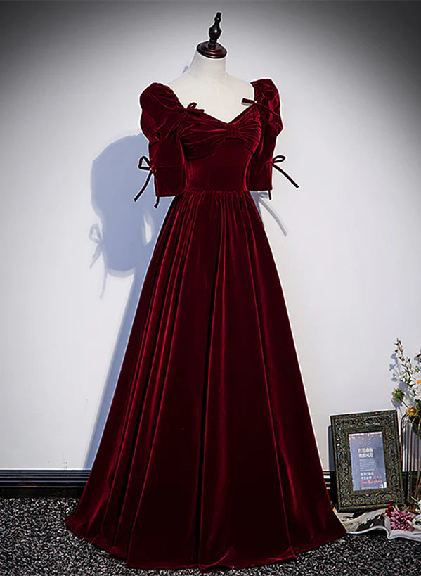 Wine Red Short Sleeves A-line Long Party Prom Dress