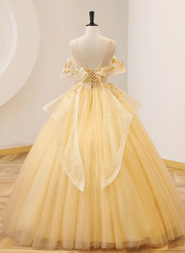 Light Yellow Tulle with Beadings and Lace Party Prom Dress