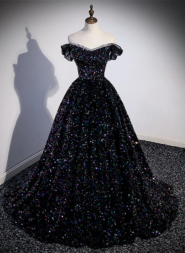 Black Sequins Off Shoulder Beaded Party Prom Dress