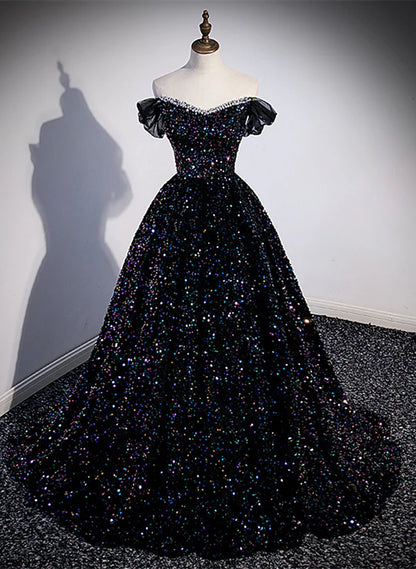 Black Sequins Off Shoulder Beaded Party Prom Dress