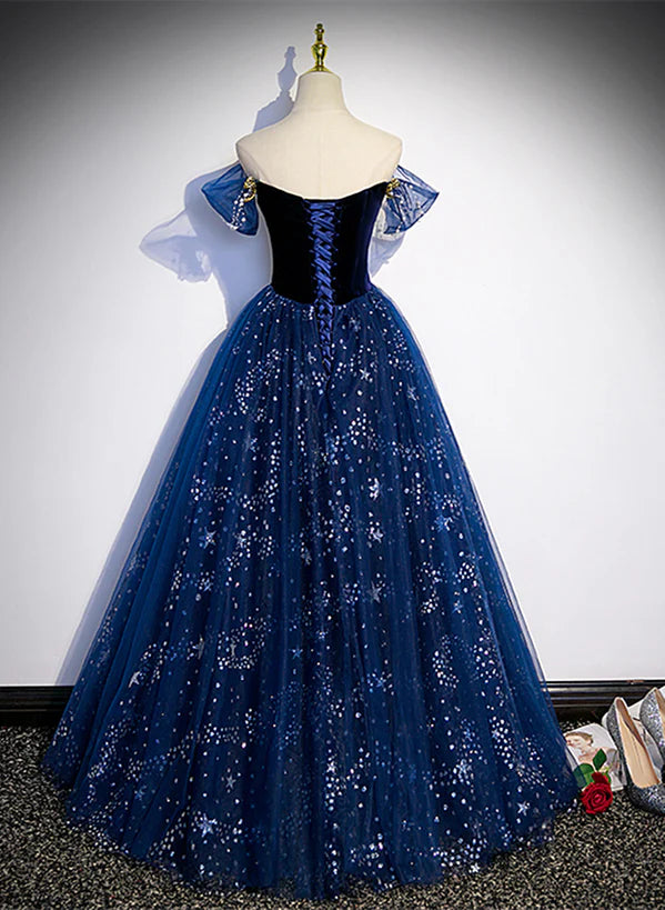 Navy Blue Tulle Off Shoulder Beaded Long Party Prom Dress