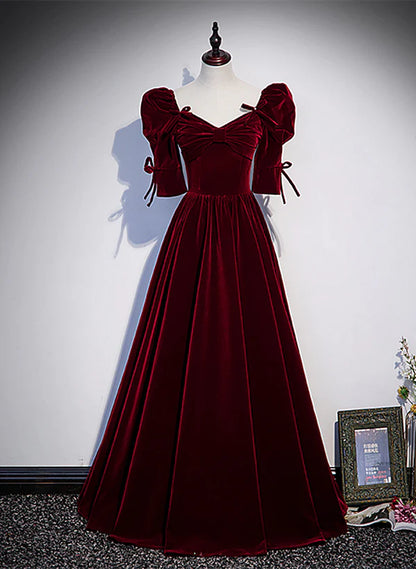 Wine Red Short Sleeves A-line Long Party Prom Dress