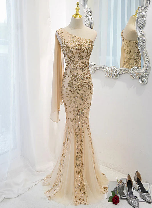 Lovely One Shoulder Champagne Sequins Mermaid Prom Dress