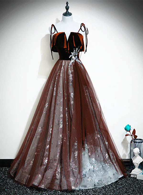Wine Red Velvet and Tulle Straps Party A-line Tulle Formal Dress