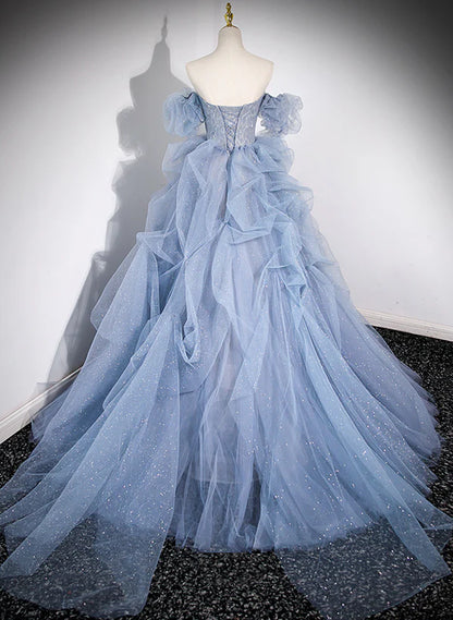 Blue Tulle Long Beaded Off Shoulder Prom Dress