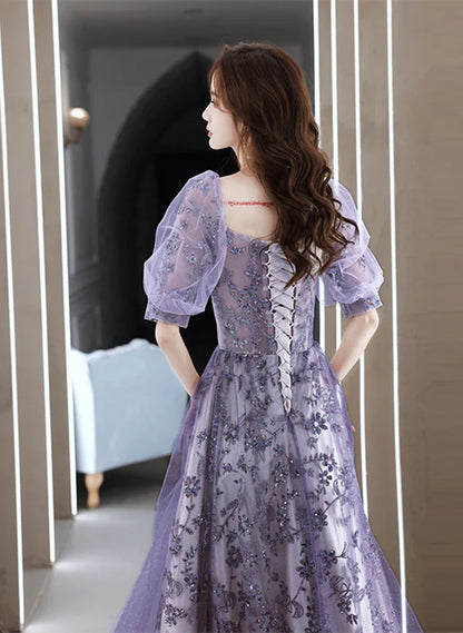 Purple Short Sleeves Tulle Sweetheart Party Prom Dress