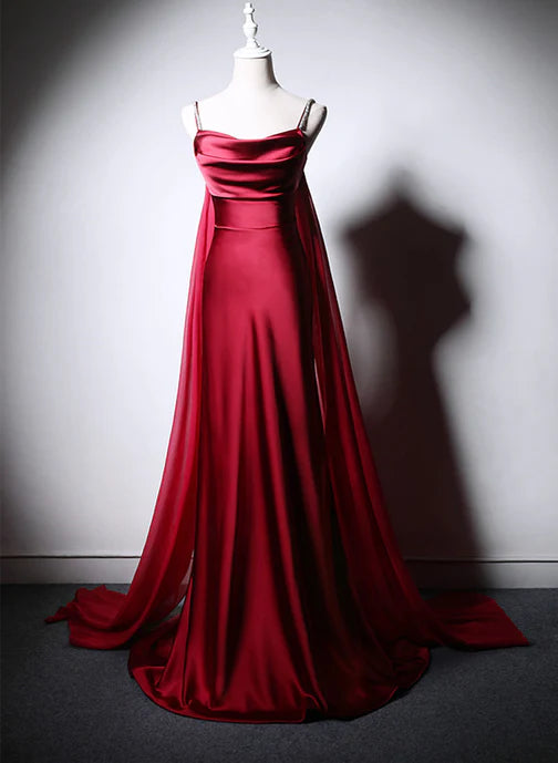 Wine Red Soft Satin Long Straps Long A-line Prom Dress