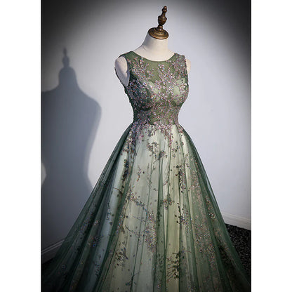 Green Tulle Round Neckline Long Party Lace Prom Dress