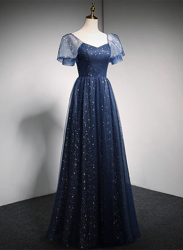 Navy Blue Long Off Shoulder A-line Prom Dress