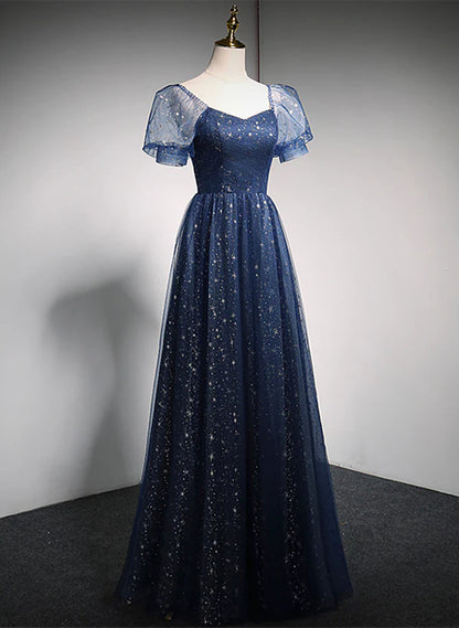 Navy Blue Long Off Shoulder A-line Prom Dress