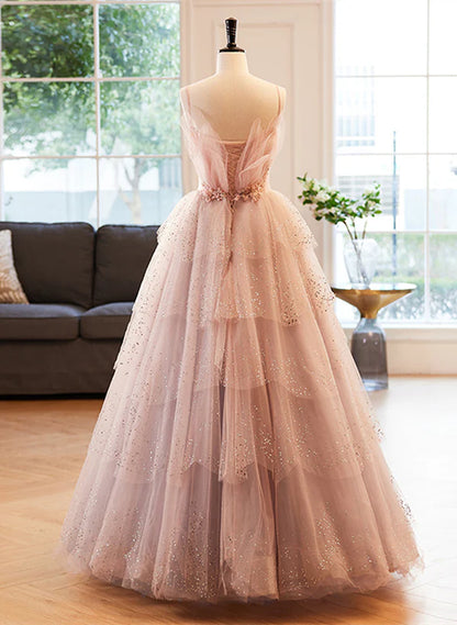 Pink Beaded V-neckline Tulle Party Dress Prom Dress