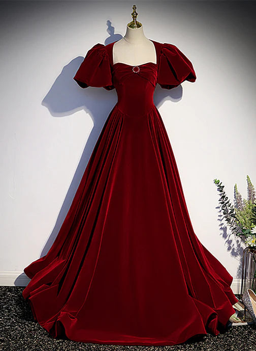 Wine Red Velvet Puffy Sleeves Long Party Prom Dress