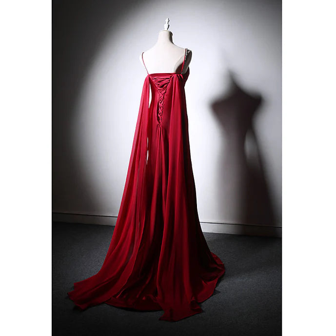 Wine Red Soft Satin Long Straps Long A-line Prom Dress