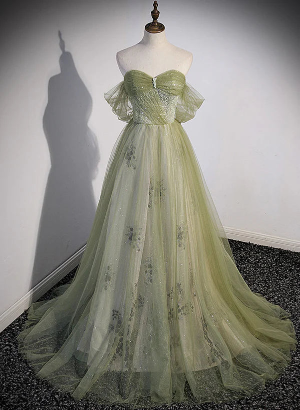 Light Green Sweetheart Tulle Beaded Party Long Prom Dress